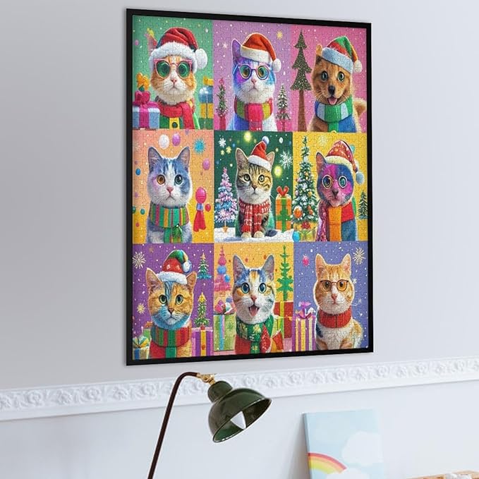 Wooden Puzzle 1000 Pieces Adult - Christmas Cat Puzzle Christmas Puzzles, Holiday Puzzles, Family Toys, Party Games, Jigsaw Puzzle Challenge and Funny