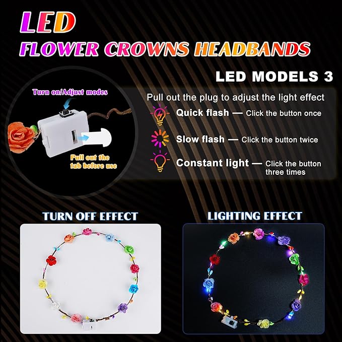 Valentines Day Gifts, 100 PCS New Year LED Flower Crowns Headbands, Light Up Flower Crowns For Women, Glow in the Dark Headband for Wedding Reception Birthday Mardi Gras Cosplay Princess Party Favors