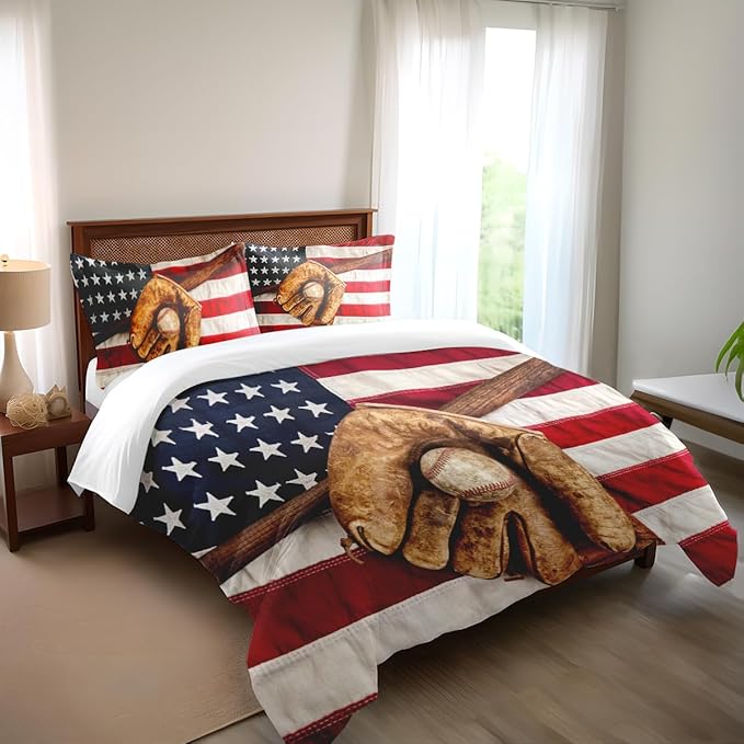 Baseball Bedding Sets for Boys - Sports Theme American Flag Comforter Set Queen Size, Durable Kids Sports Decor with Team Spirit Design (Includes Comforter & Pillowcases)
