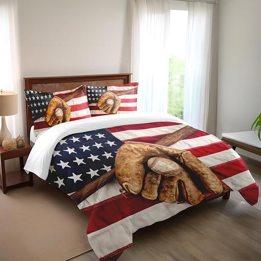 Baseball Bedding Sets for Boys - Sports Theme American Flag Comforter Set Queen Size, Durable Kids Sports Decor with Team Spirit Design (Includes Comforter & Pillowcases)