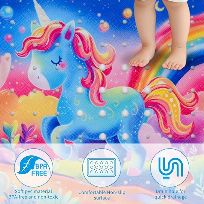 Reetual Cartoon Baby Bath Mat – Non Slip Kids Bathtub Mat for Toddlers, 40" x 16", Suction Cups & Drain Holes, Machine Washable (Unicorn)