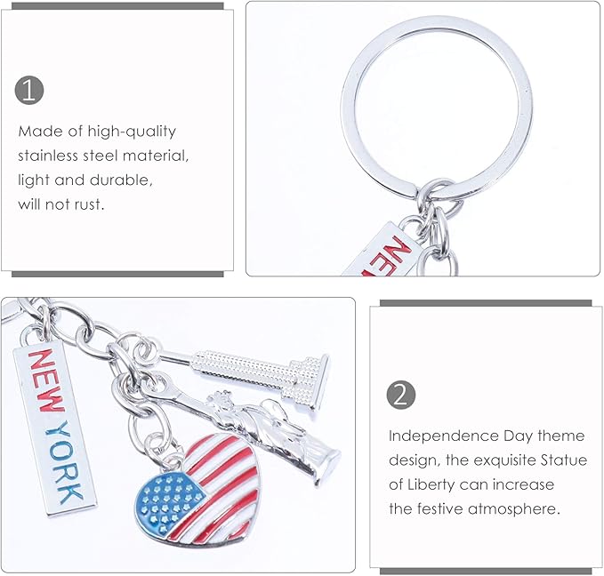 jojofuny Statue of Liberty Keychain with Multi Charms - New York USA Souvenir Collection Featuring Liberty, Flag, Heart & Pentagon, Patriotic Present for Travelers & Americans
