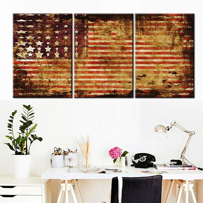 American Flag Wall Decor Patriotic Pictures Grunge Stars Stripe Paintings 3 Piece Canvas Wall Art for Living Room Contemporary Artwork Home Decor Framed Ready to Hang Posters and Prints(60''Wx28''H)