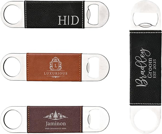 Personalized leather bottle opener. Wedding favors, anniversary souvenirs, Father's Day gifts