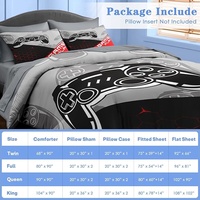 Comforter Set Full Size, Boys Play Game Gamepad 7 Pcs Bedding for Kids and Adults, Video Gaming Sport Bed Sheet Sets with Fitted Sheet 2 Pillowcases & 2 Shams for Bedroom Bed Decor