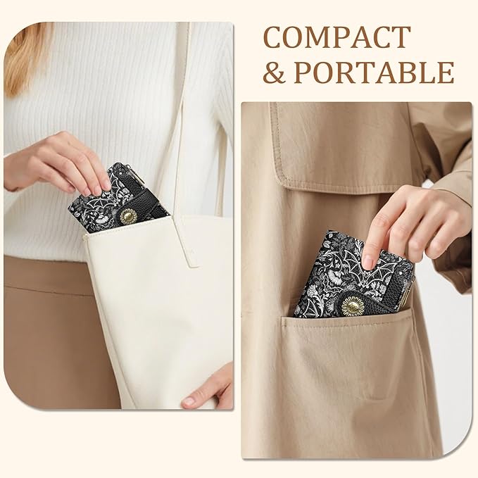 Goth Gothic Bat Small Wallet Women RFID Blocking Bifold, Credit Card Holder, Zipper Coin Pocket, PU Leather, Funny, Compact, Travel, 4 ID Window, 14 Card Slots, Cash Purse, Ladies Woman Female