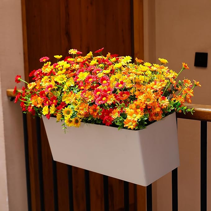alyptus Faux Flowers Outdoor Artificial Flowers – 12 Bundles UV Resistant Artificial Outdoor Flowers for Spring Summer Christmas, Modern Farmhouse Decoration (Red 5, Orange 5, Yellow 2)
