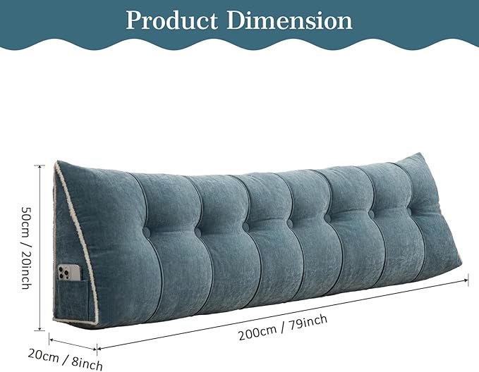 Headboard Pillow King, Chenille Triangular Wedge Pillow Headboard King Size, Reading Setting Backrest Daybed Pillows for Bed Sofa with Removable Cover, Blue