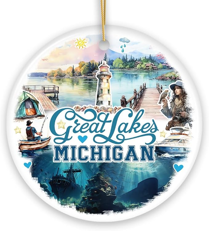Artistic Great Lakes Michigan State Ornament, Ceramic Landscapes and Travel Souvenir and Gift (Version 1)