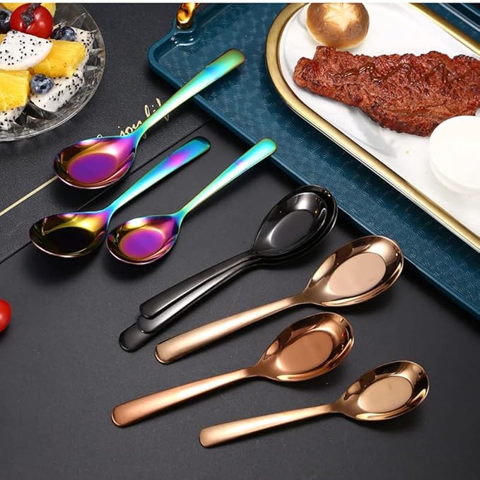 5 PCS Stainless Steel Mirror Finish Soup & Dessert Spoons for Soup, Rice, Tea, Milk, Coffee & Dessert (Multicolor)