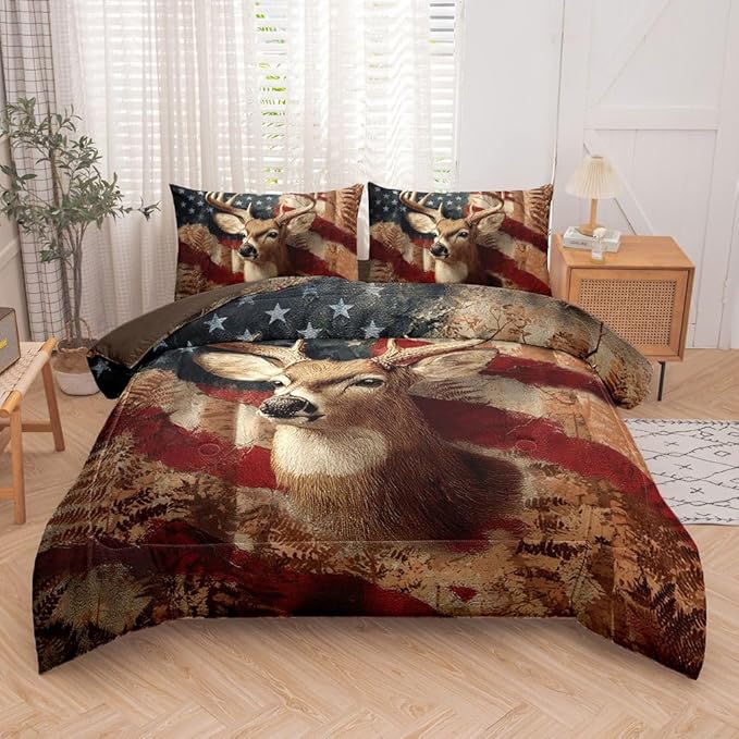 5PCS Deer Comforter Sets Queen,Boys Camo Bedding Queen,American Flag Comforter,Camo Bed Set for Boys,Adults,Teens