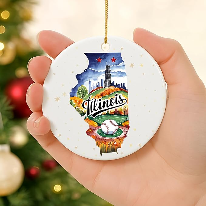 USA State Landmark Ceramic Ornament – Round Glossy Christmas Decoration Featuring U.S. State Art, Landmarks & Holiday Scenery – Collectible Travel Souvenir Ornament Series (Illinois)