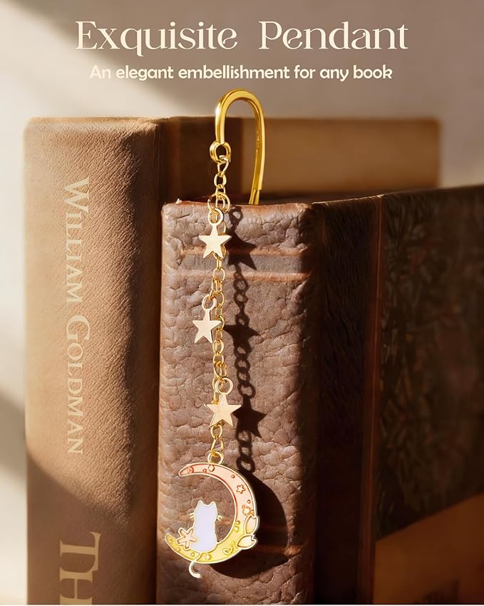 Buleens Bookmarks for Women Reading - Book Marks for Readers Book Lovers, Cute Gold Feather Cat Moon Star Personalized Metal Bookmark with Pendants, Pretty and Aesthetic Book Accessories Reading Gifts