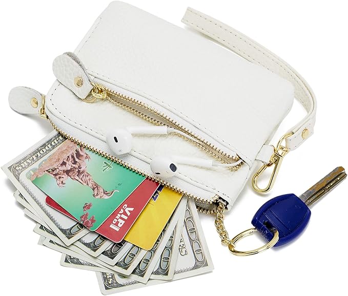 Genuine Leather Coin Purse for Women with Large Opening & Wrist Strap Navy (White)