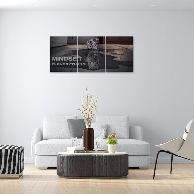 Motivational Canvas Wall Art Mindset is Everything Small Cat Big Tiger Posters Prints 3 Pieces Inspirational Quote Painting for Office Bedroom Decor (36" W x 16" H, Y-Mindset)