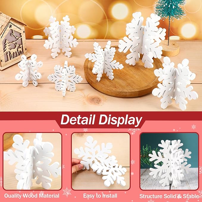 16 Pcs Wooden Snowflake Decorations, 3D White Snowflake Christmas Table Decor, Winter Christmas Table Decorations Indoor, Winter Wonderland Decor for Home Party