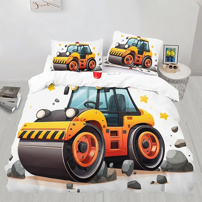 Construction Vehicle Duvet Cover Oversized King Cartoon Road Roller Bedding Set Engineering Truck Comforter Set Construction-Themed Quilt Cover with Zipper Ties for Bedroom