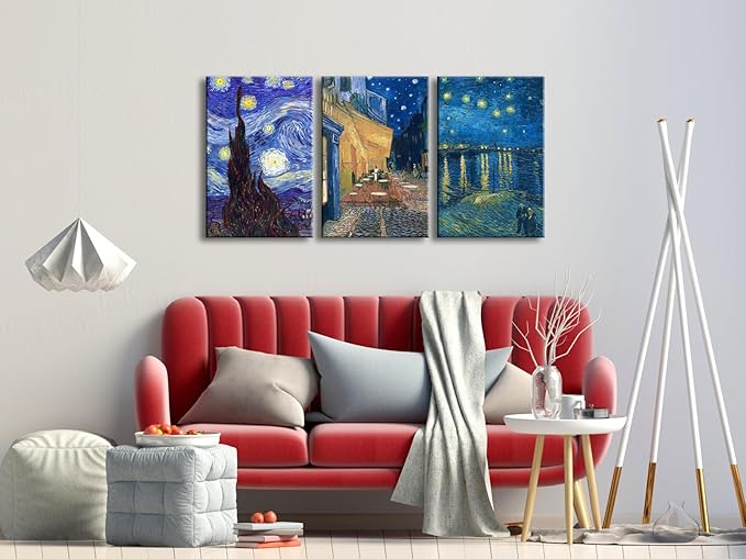 Wieco Art Large 3 Panels Canvas Prints of Vincent Van Gogh Paintings Reproduction Starry Night Over the Rhone Cafe Terrace at Night Canvas Wall Art for Living Room Home Office Decor