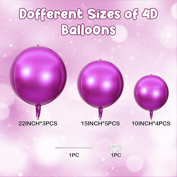 12PCS Hot Pink Round Foil Balloons, 22" 15" 10" Large 4D Ball Balloons Metallic Hot Pink Mirror Balloon for Valentines Galentines Day Wedding Women Birthday Party Decorations