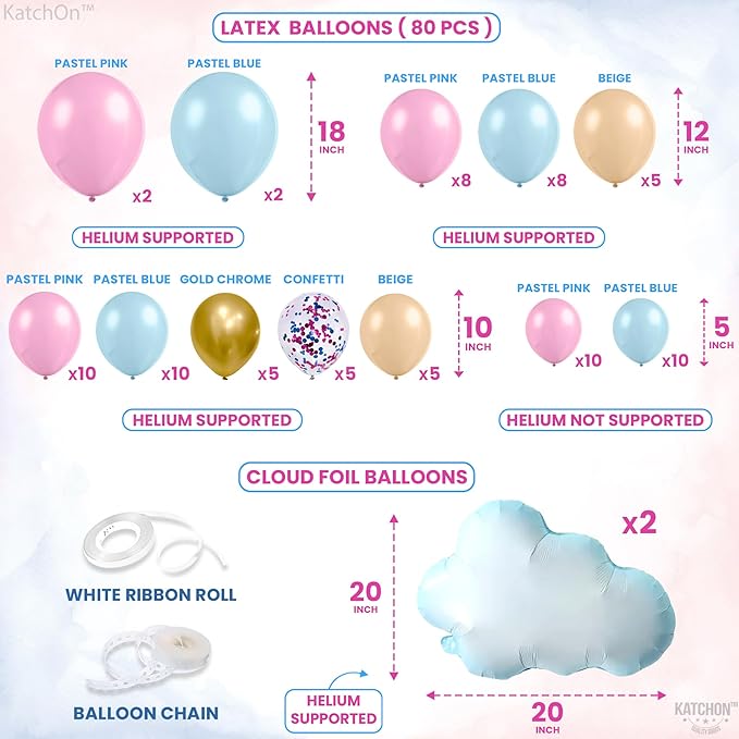 KatchOn, Gender Reveal Decorations Set - Huge, Pack of 85 | Gender Reveal Balloon Arch Kit | Pink and Blue Streamers | Boy or Girl Baby Shower Decorations | Boy Or Girl Banner, White Cloud Balloons