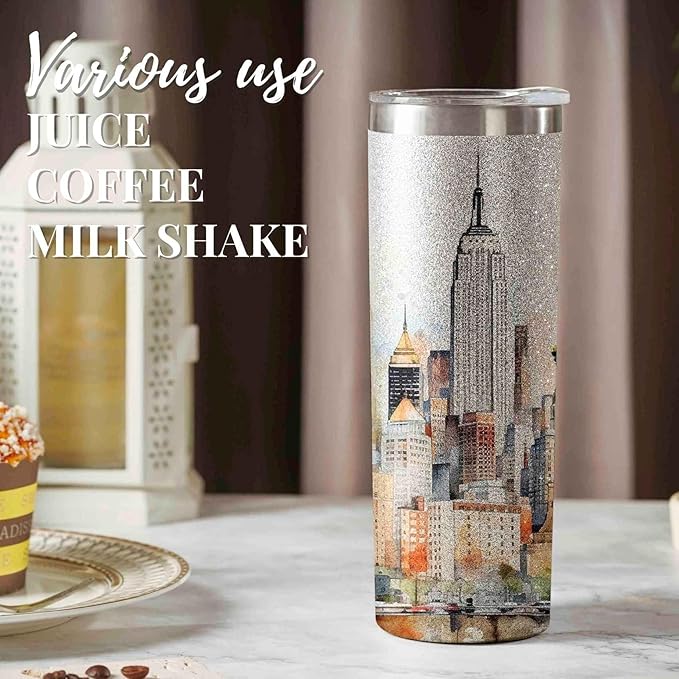 Onebttl New York City Skyline Gifts, NYC Gifts for NYC Lovers, Skyline Map 20oz Stainless Steel Tumblers with Lids and Straws, Perfect for Birthday & Christmas