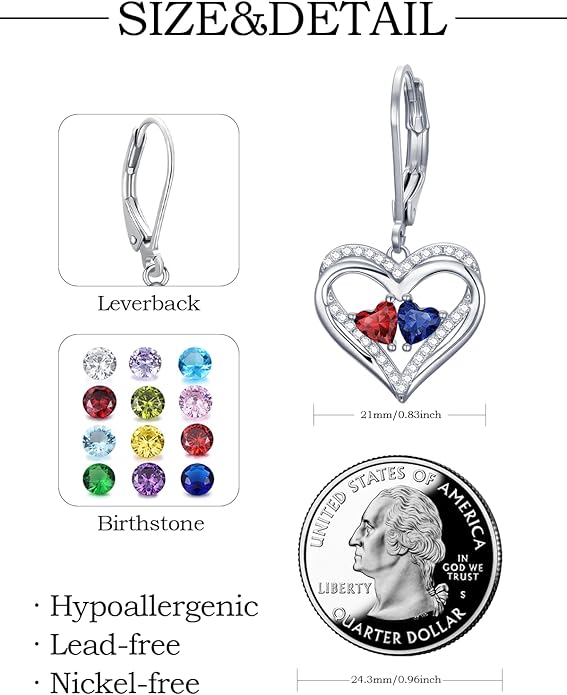 Heart Leverback Earrings Double Birthstone Dangle Earrings for Women, Love Jewelry for Her, Christmas Gifts for Women, Anniversary Birthday Gift for Mom Wife Girlfriend