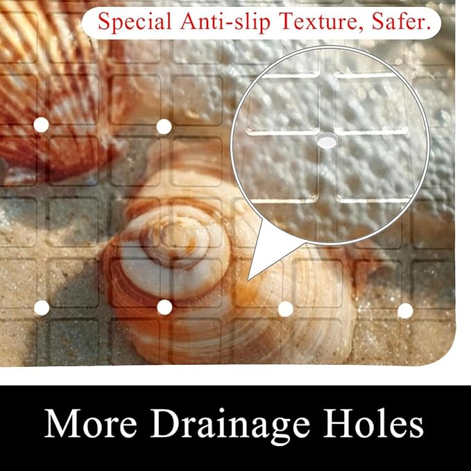 Non Slip Bath Mat for Tub, 15.1 x 26.8 Inch Bathtub Mat Machine Washable Shower Mat with Drain Holes and Suction Cups, Starfish and Seashell on The Beach in Sea Water