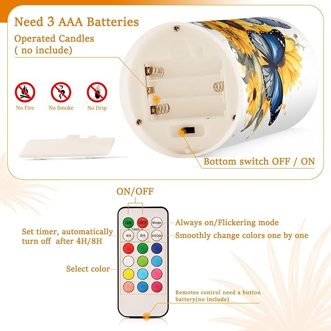ALAZA Blue Butterflies Sunflowers Flickering Flameless Candles Battery Operated with Remote Timer,Tea Light Candles LED Pillar Votive Candles Set of 2 for Outdoor Indoor Decorations