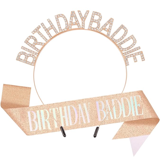 Canitor Birthday Baddie Sash Crown Set Birthday Party Favors Supplies Decorations & Accessories for Women Girl Men Adult Rhinestone Tiara Headband Soft Satin Sash