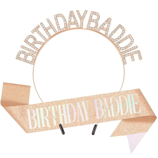 Canitor Birthday Baddie Sash Crown Set Birthday Party Favors Supplies Decorations & Accessories for Women Girl Men Adult Rhinestone Tiara Headband Soft Satin Sash