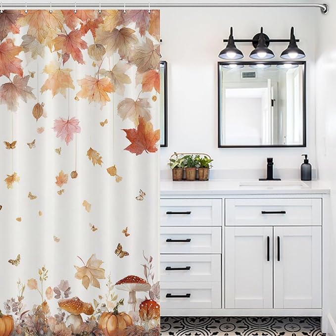Fall Pumpkin Shower Curtain Autumn Maple Leaves Thanksgiving Harvest Waterproof Washable Fabric Bathroom Shower Curtains for Bathroom Decorations Home Indoor Decor 64x72Inch