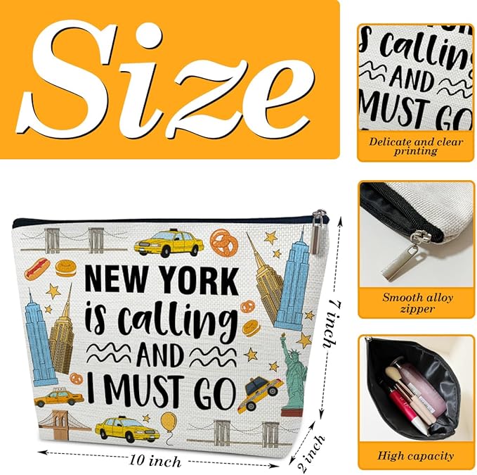 Funny New York Trip Makeup Bag, City Themed Gifts Favors, New York Is Calling And I Must Go, Travel Lover Gifts For Women Her, Travel Cosmetic Bag For Holiday Trip Vacation