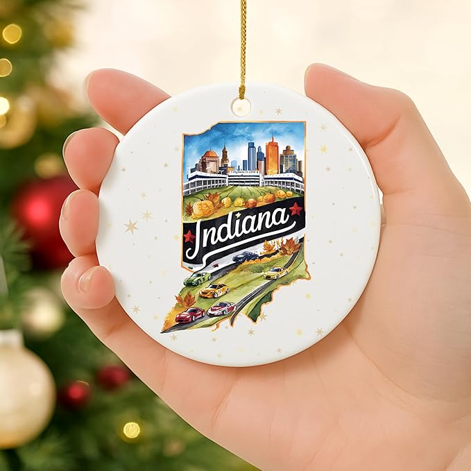 USA State Landmark Ceramic Ornament – Round Glossy Christmas Decoration Featuring U.S. State Art, Landmarks & Holiday Scenery – Collectible Travel Souvenir Ornament Series (Indiana)