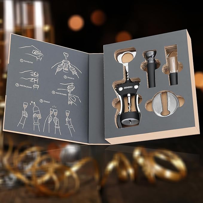 Beneno Multifunctional Wine Bottle Opener Gift Wing Corkscrew, Foil Cutter, Vacuum Stopper & Aerator Pourer, Perfect for Wine Lovers Man Woman, Elegant Black