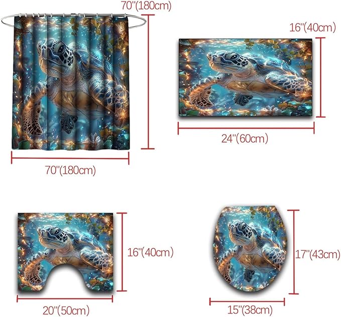 4 Pcs Turtle Shower Curtain - Under The Sea Shower Curtain Set Ocean Bathroom Sets with Shower Curtain and Rugs with 12 Hooks