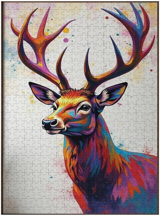 Wooden Puzzles 500 Piece，Color Abstract Deer Painting Themed Jigsaw Puzzles，Challenge Puzzles，Educational Games，Family Puzzles，Unique Gifts for Wall Art，Funny Puzzles，Stress Relief Games