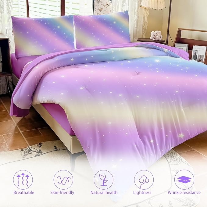 Girls Full Size Bedding Sets Rainbow Bedding – 5 Piece Comforter Set Full, Gradient and Colorful Galaxy Comforter for All-Season – Machine Washable, Durable – Gift Idea for Boys and Girls Room