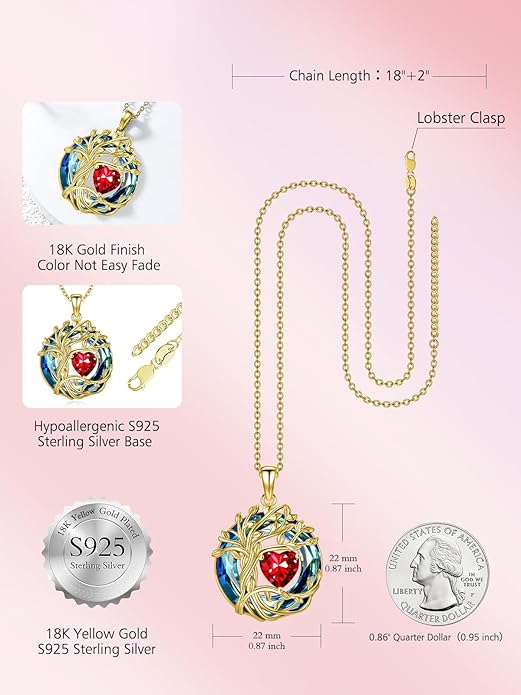 TOUPOP Tree of Life Birthstone Necklace 925 Sterling Silver Pendant Austrian Crystal Jewelry Anniversary Valentine's Day Birthday Gifts for Women Mom Her Wife