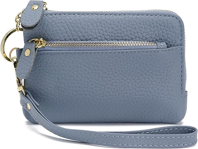 Genuine Leather Coin Purse for Women with Large Opening & Wrist Strap Navy (Blue)