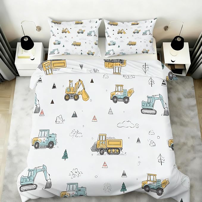 Excavator Bulldozer Duvet Cover Queen Size Cartoon Construction Vehicles Bedding Set Children's Cartoon Car Comforter Set Colorful Engineering Quilt Cover with Pillowcases for Bedroom