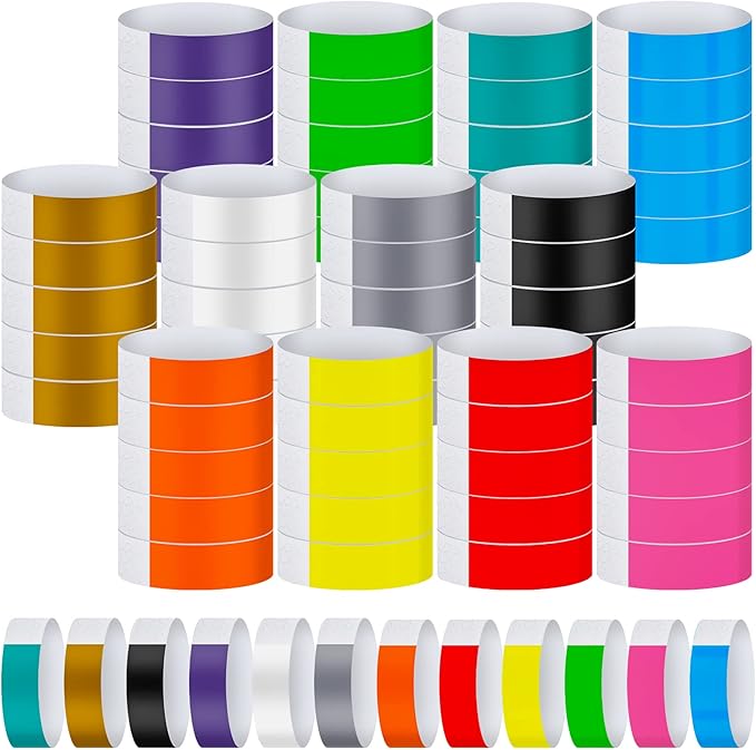 Tudomro 1200 Pack Plastic Paper Wristbands for Events Neon Party Wrist Bands Colored Waterproof Concert Identification Hand Bands Lightweight Adhesive Wristband(Mixed Colors)