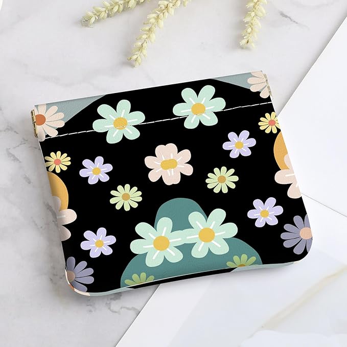 2Pcs PU Leather Small Squeeze Coin Purse Pouch Mini coin Bag Unique And Cute Wallet Cosmetic Bags Change Bag For Women Girls Men （Black Powder Line Flower