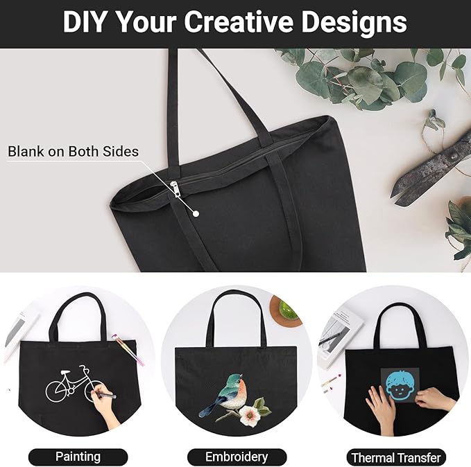 Segarty Canvas Tote, 3 Pack 20x15.7 Black Canvas Shopping Bags for Women, Reusable Natural Cotton Bag Aesthetic with Shoulder Strap, Bulk for DIY, Grocery Shopping, Beach, Travel，Gift