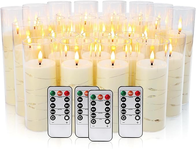 24-Piece Ivory Flameless LED Candles with Remote, Embedded Fairy Lights for Christmas Decor. Battery-Powered with Timer, Safe & Elegant for Cozy Romantic Home, Wedding, Party.