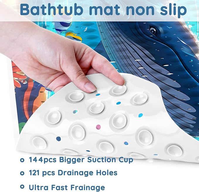 LNOND Bath Mat for Tub for Kids, Ocean Bathtub mat Non Slip,Blue Whales Bath Mats for Bathroom Non Slip with Drain Holes and Suction Cups,Machine Washable (40 X 16 Inch)