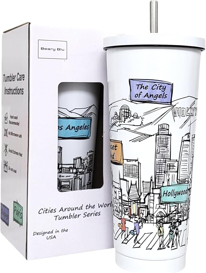 Cities Around the World 25 Oz Tumbler Series - Designed in the USA - Vacuum Insulated Tumbler with Lids & Straw - Stainless Steel Coffee Water Travel Mug, for Hot Cold Drink (Los Angeles)