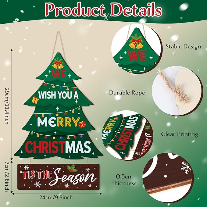 CHDITB Merry Christmas Tree Wooden Sign, We Wish You A Merry Christmas Wood Hanging Plaque, Holiday Xmas Front Door Sign, Rustic Festive Wall Hanger Xmas Wall Decor for Outdoor Porch Yard Home Decor