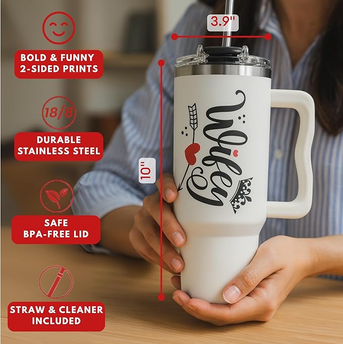 Christmas Gifts For Wife - Wife Tumbler 40Oz from Husband, Wifey Gifts on Birthday & Anniversary, Present Ideas for Wifey Her, Cool Wedding Coffee Cup with Straw and Handle, Drinking Mug for Women