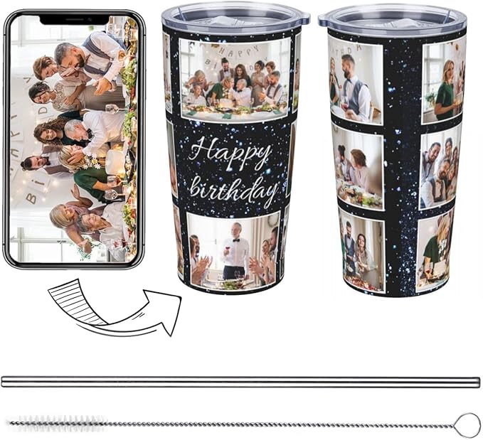 Personalized Custom tumbler Coffee Mug with Lid and Straw Hot and Cold Stainless Steel Vacuum Insulated Travel Mug with Photo Personalized tumbler Gift (20 oz, Funnel, 8 photos)