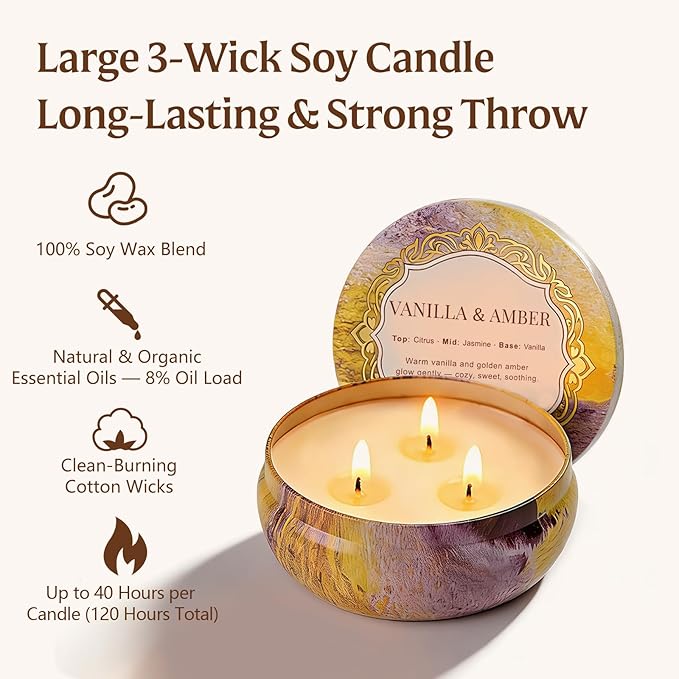 Candles, 3-Pack Large 3-Wick Tin Candle Set, 14oz Each — White Tea & Sage, Vanilla Amber, Cashmere Cedar — Luxury Strong-Throw Aromatherapy Candles in Gift Gold 6.3 x 7.09 in